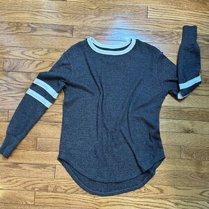 Women's Gray Waffle Knit Sweater with White Sleeve Accents